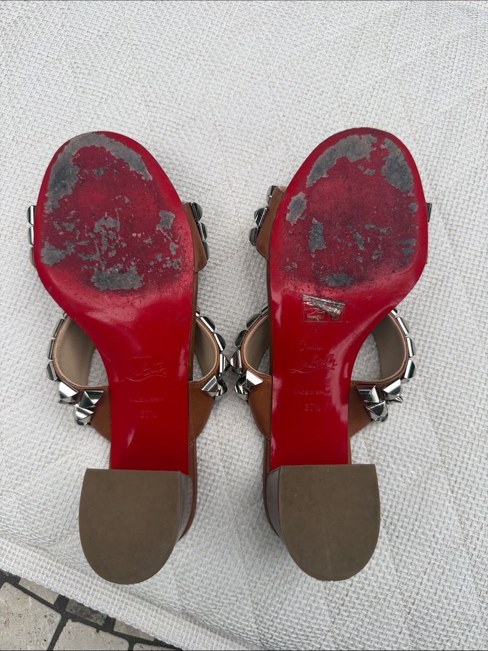 Christian Louboutin Brown Leather Studded Double-Strap Mules - Picture 4 of 5